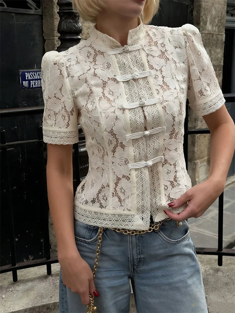 Tossy Fashion Hollow Out Lace Shirts Cardigan Women's Short Sleeve