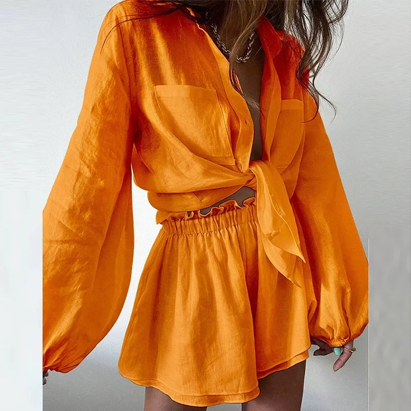 Cakulo 2025 Women's Summer 2-Piece Outfit Long Sleeve Button-Down