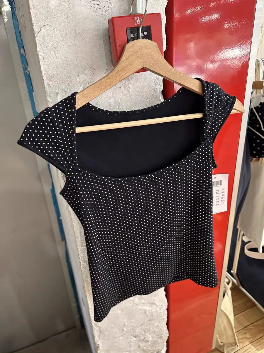 Dot Sleeveless Black Slim T-shirt Woman Summer Sexy Square Collar