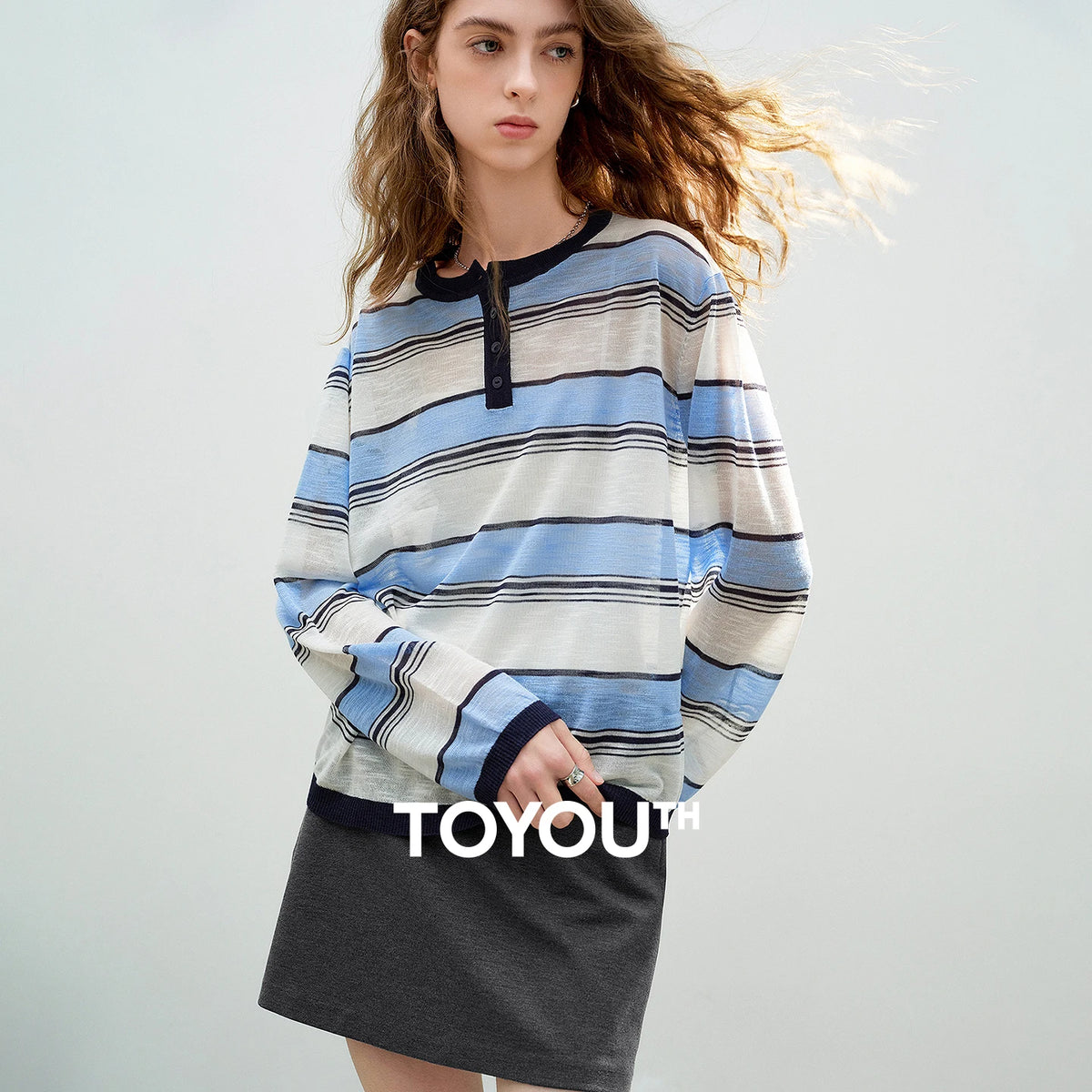 TOYOUTH Women Slub Linen Knit Tops 2026 Spring New Sporty Striped