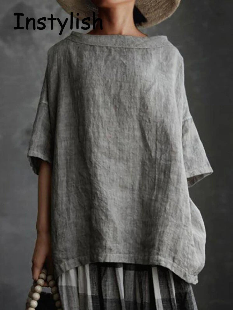 Women Vintage Harajuku Cotton and Linen Loose Blouses and Shirts