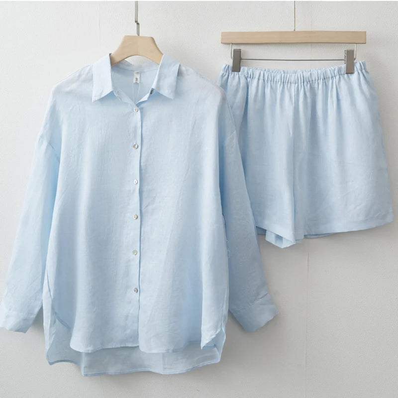 Women 2025 Summer Casual Linen Blouse Shorts Sets