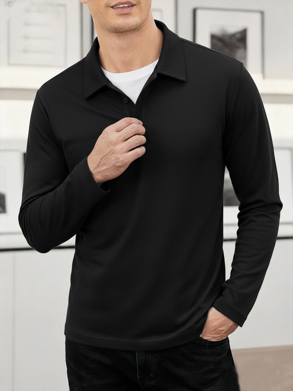 Men's Business Casual Long Sleeve Polo T-shirt Spring Summer Solid