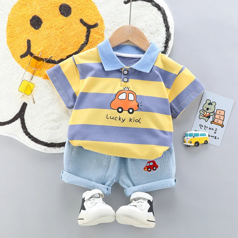 High-Quality Baby boys Polo Shirt + Handsome Denim Shorts 2-Piece Set