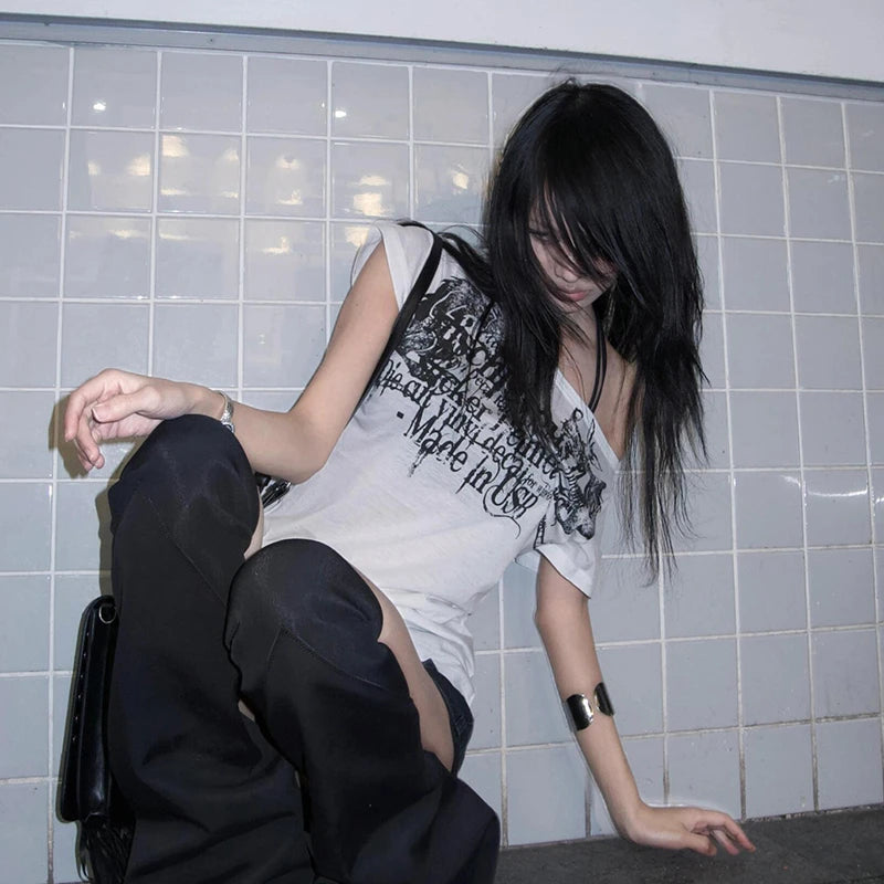 Karrram Japanese Y2k Letter Print T-shirt Trashy 2000s Style Tattoo T