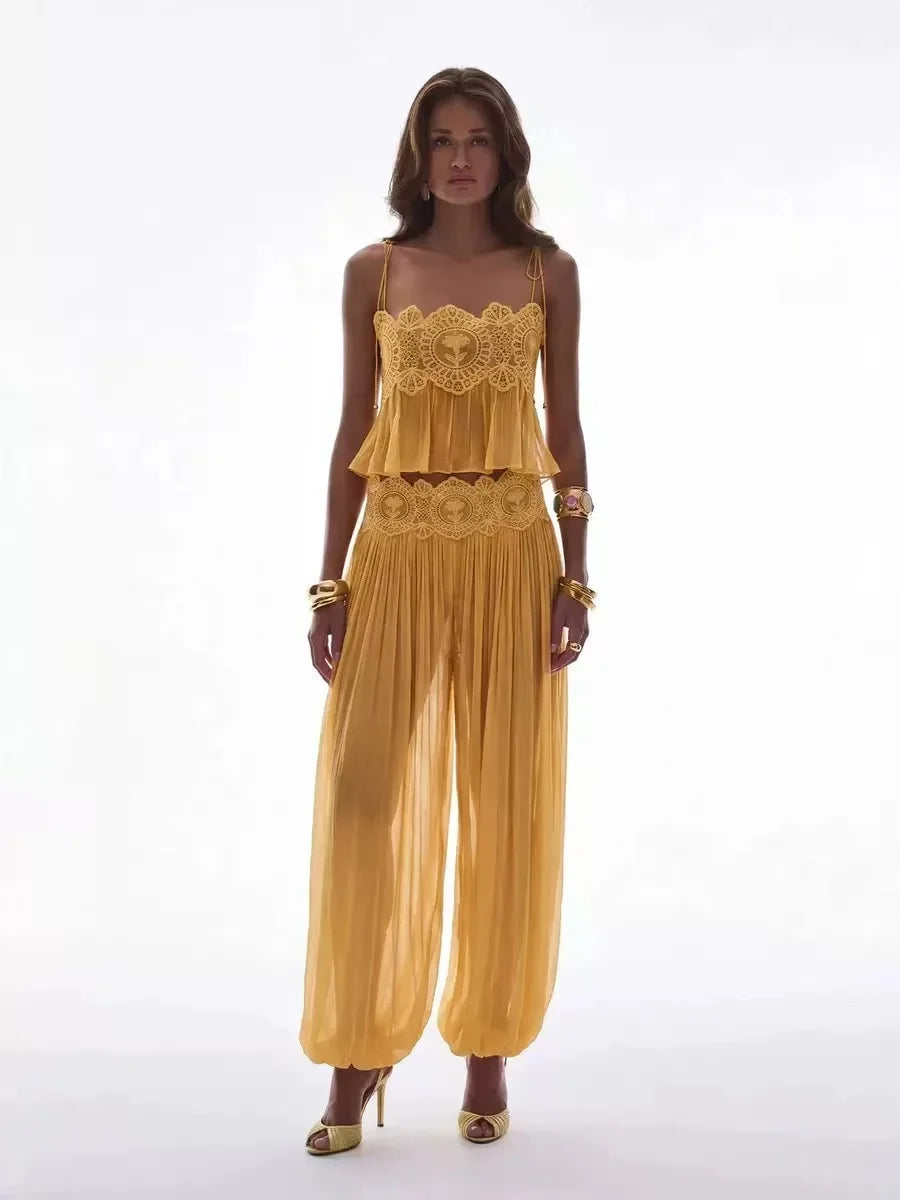 Beach Floral Lace Hollow Out Women's Pants Sets Ruffles Spaghetti