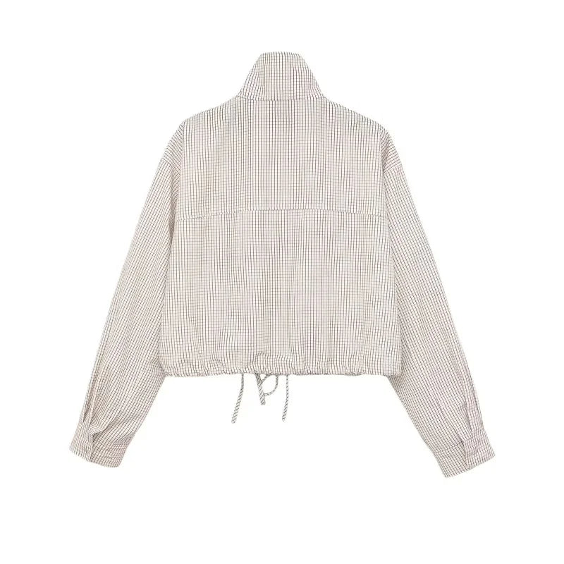 ETJ Women's Cropped Checkered Jacket High Neck Puff Sleeve Oversized