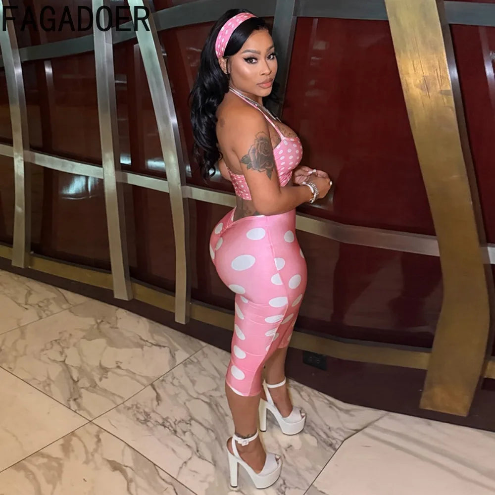 FAGADOER Cute Pink Polka Dot Shorts Two Piece Sets Fashion Lace-up
