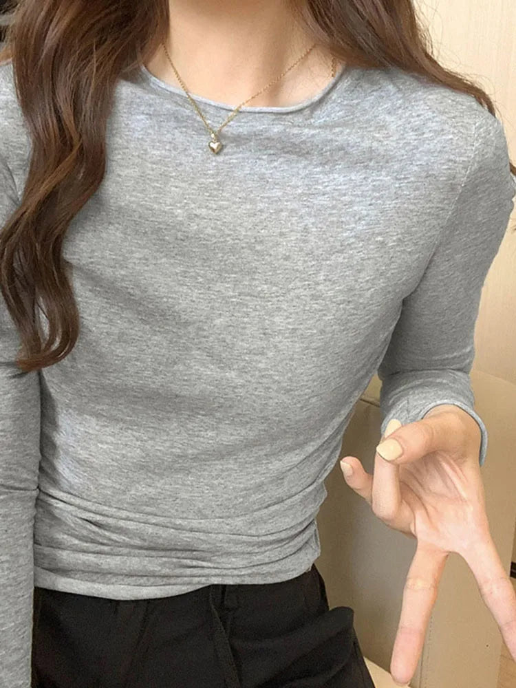 2024 Spring Autumn T shirt Women Tops Solid Slim Fit Long Sleeve O