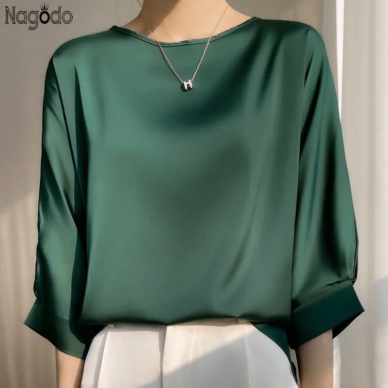 2023 New In Summer Satin Silk Half-Sleeve Tee Tops Basic Solid Women‘s