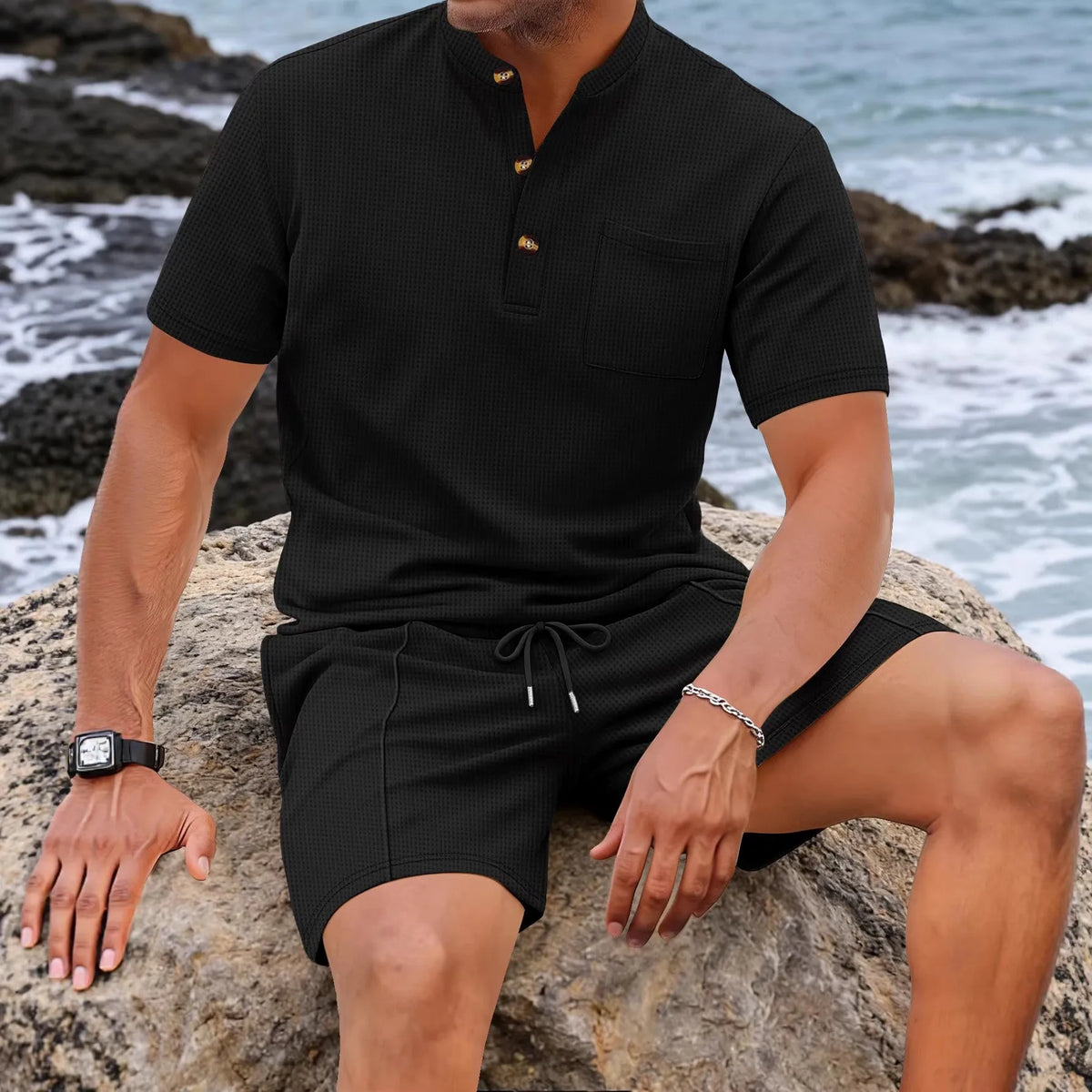 Lightweight Men's Waffle Texture Henley Shirt & Shorts Set Stand