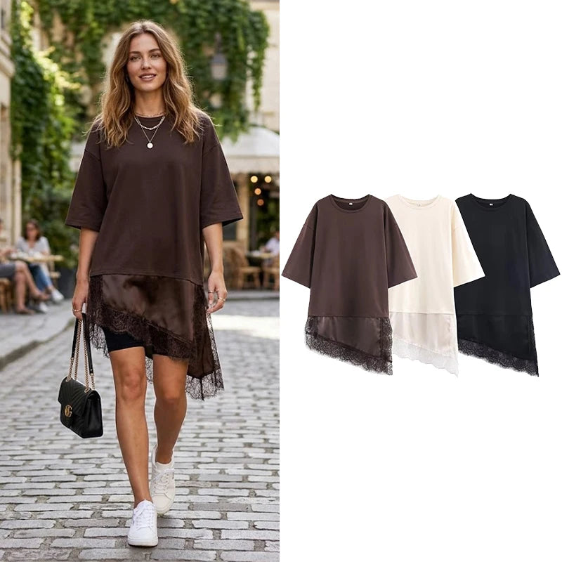Willshela Women Fashion Solid Lace Patchwork Asymmetrical Shirt