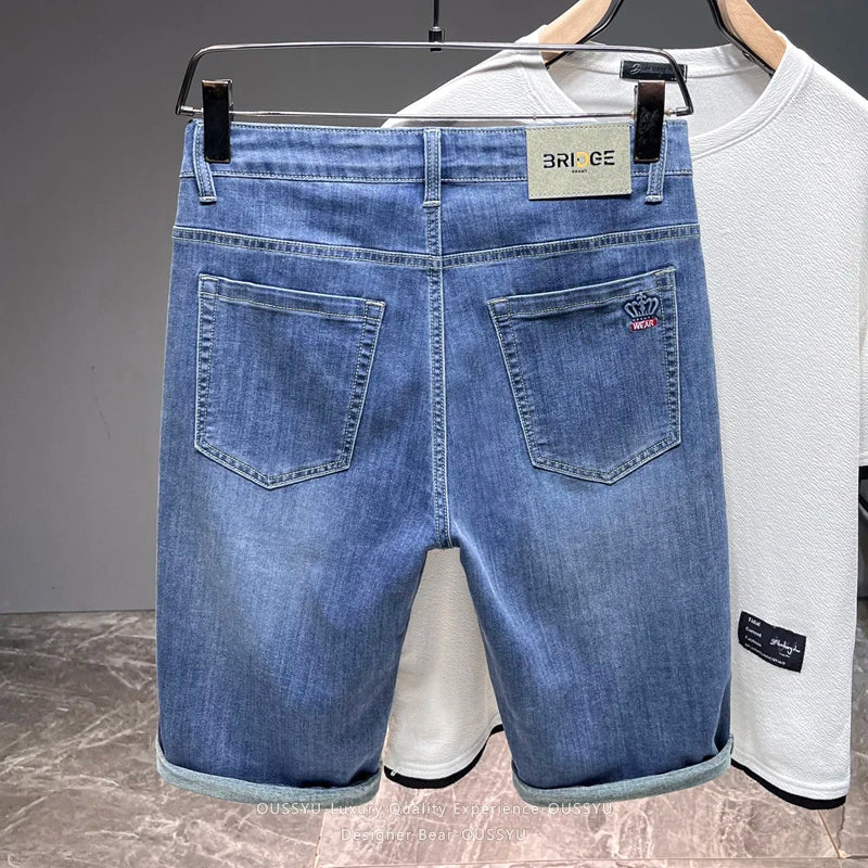Brand Clothing Men's Denim Shorts Summer Thin Elastic Straight Leg