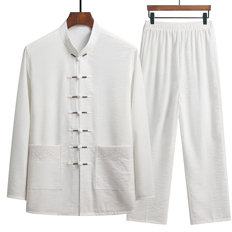 Chinese Traditional Clothing Set Man Fall Linen Buckle Kung Fu Shirt