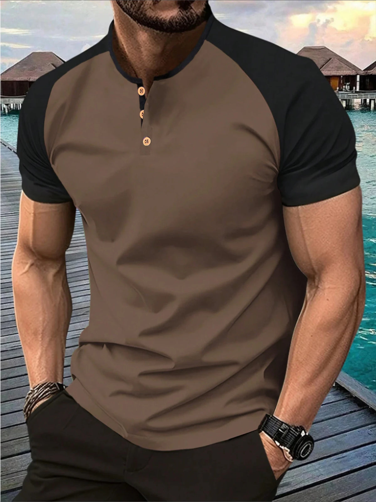 Men's Contrasting Color Henry Shirt T-shirt Summer Casual Raglan