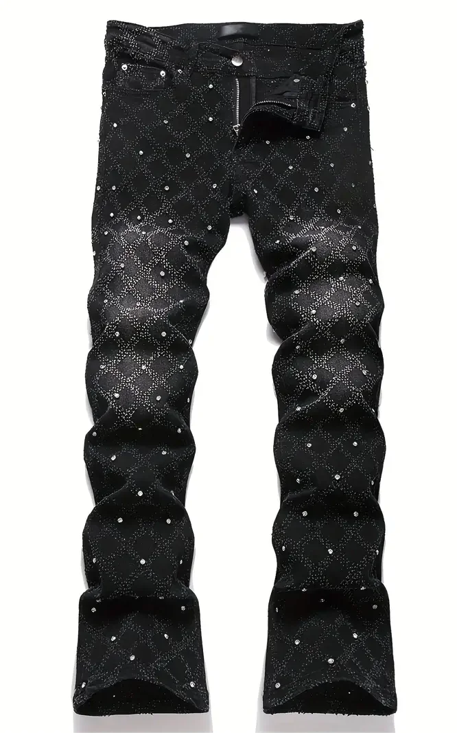 Men's Jeans with Nail Rhinestone Decoration, Shiny Stretch