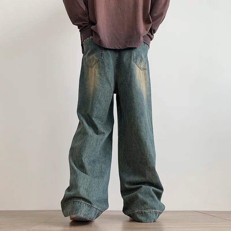 Distressed Vintage Blue Jeans Pants Men Wide-leg Denim Trousers Male