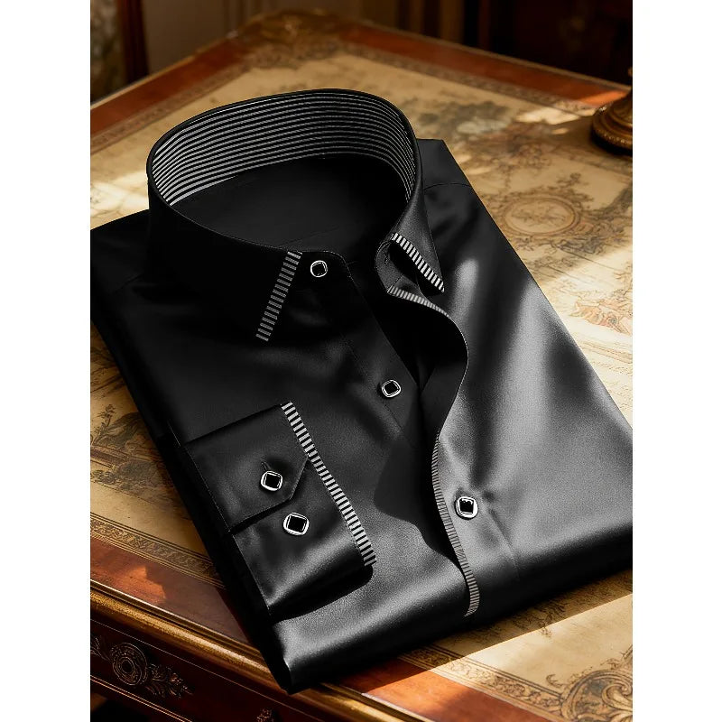 2025 New Men Patchwork Shirt Fashion Dress Tuxedo Long Sleeve Smart