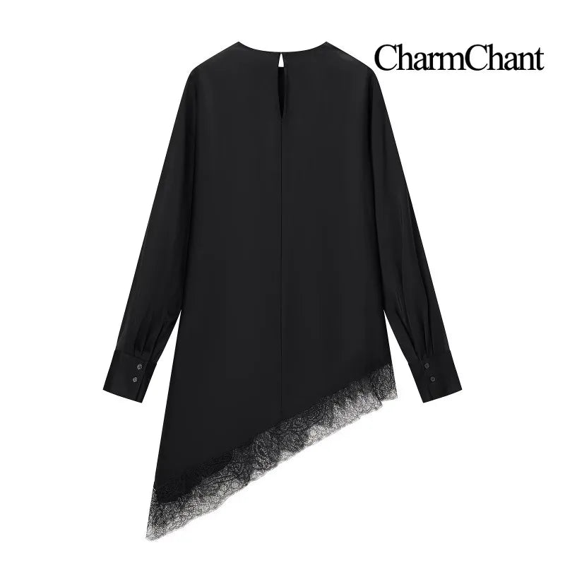 CharmChant Black Satin Asymmetrical Lace Long-Sleeve Shirt for Women