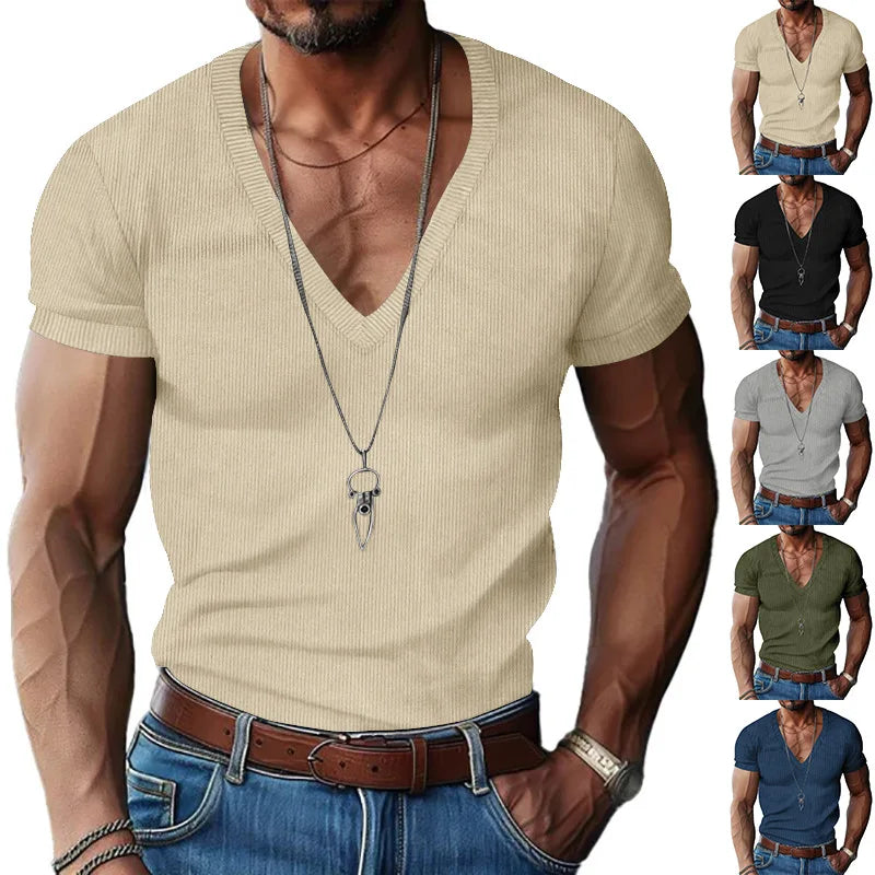 Men's Corduroy European and American Summer Men's V-Neck Solid Color