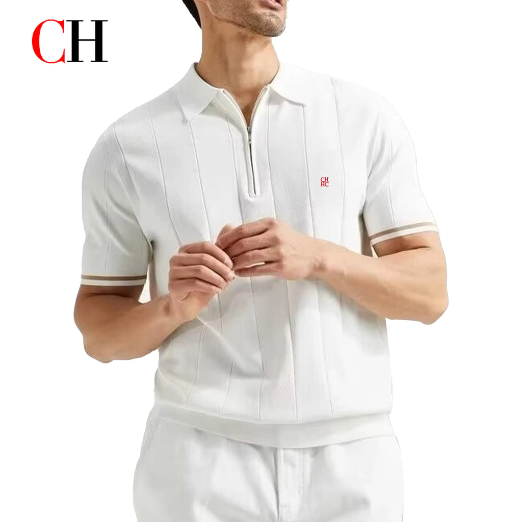 CH Men's Knitted Polo Shirt Half Zipper Lapel Short Sleeve Solid Color