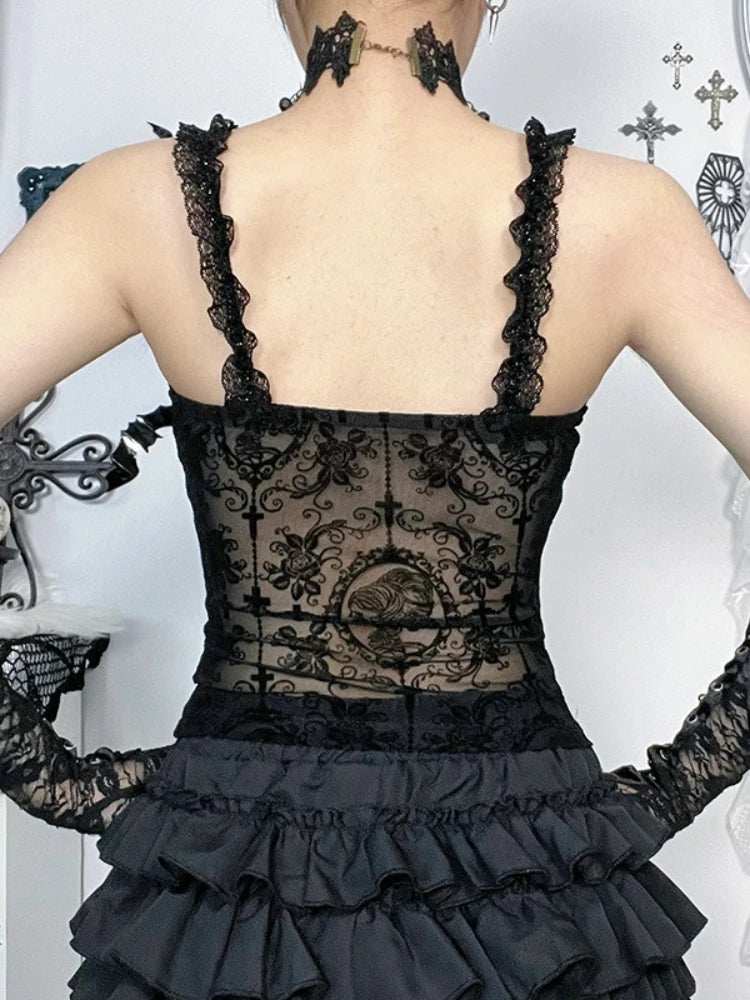 AltGoth Gothic Dark Flocking Camisole Women Y2k E-girl Vintage