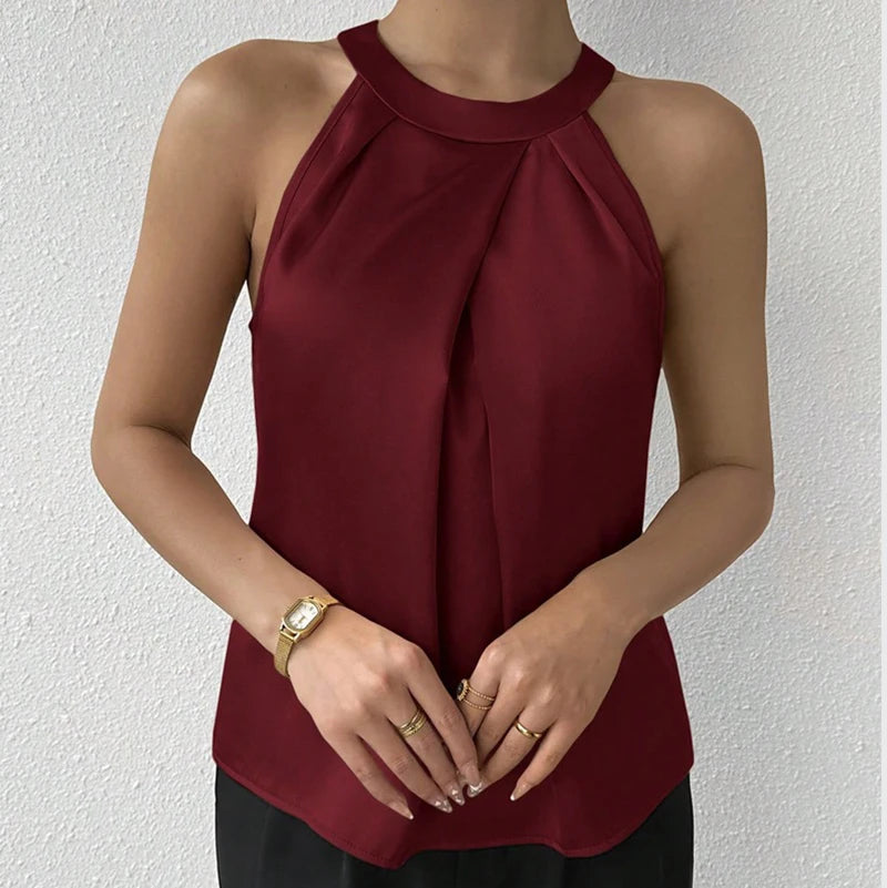Summer Women's High End Satin Tank Shirt New Color Silk Blouse Round
