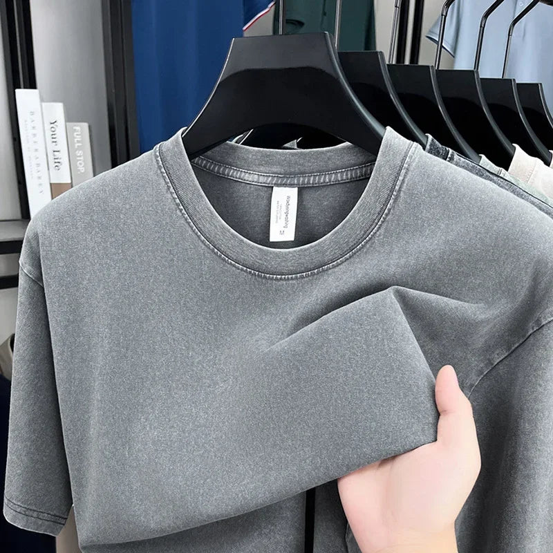 American Style Retro Heavyweight Solid Color Short Sleeved T-shirt Men