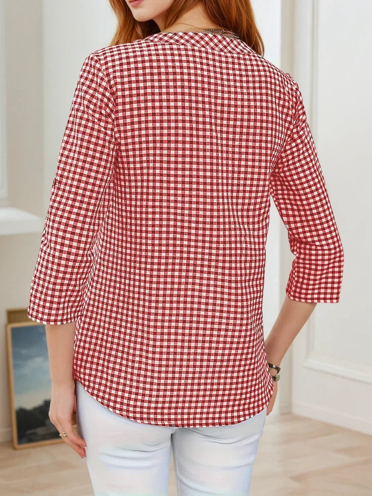 Plus Size Spring Autumn Women Fine Plaid Fashion Long Sleeve V-Neck
