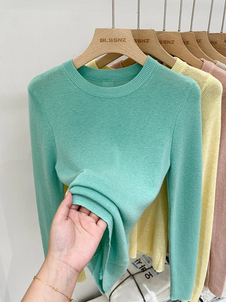 Spring  Basic O-Neck Slim T-Shirt Women Solid Multi Color All-Match