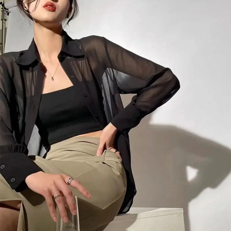 SMVP Chiffon Blouse for Women 2025 New Summer Sheer Mesh Long Sleeve