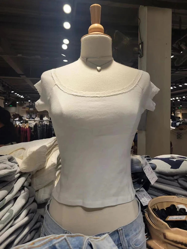 Lace Patchwork Blue Slim Crop Top Women Summer Sexy Scoop Neck Cotton