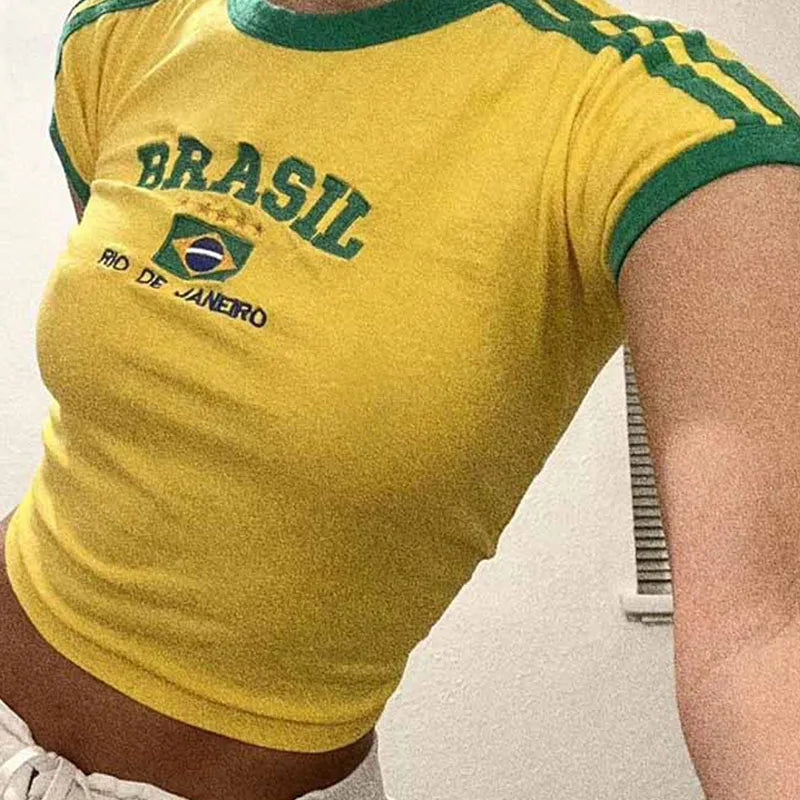 Womens Aesthetic BRASIL Letter Print T-Shirt and Shorts Suit, Vintage