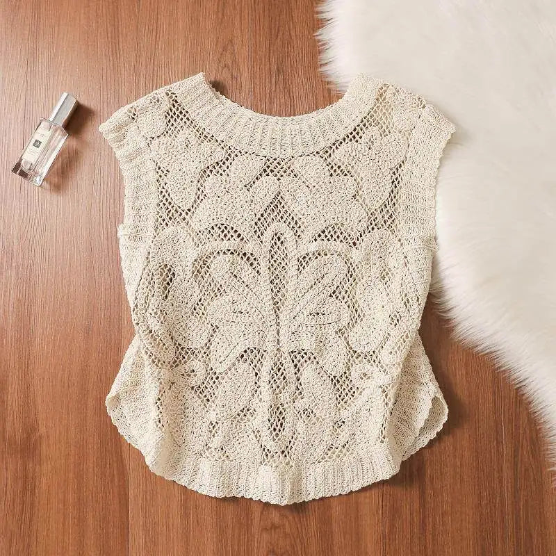 Boho Crochet Vest Top Women Sleeveless Semi-Sheer Open Knit Lace