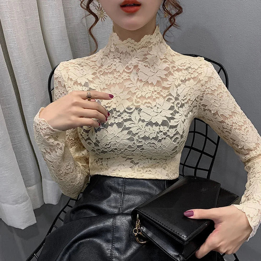 Stretch Floral Lace Petal Sleeve Shirt Women's Long Sleeved S-3XL T