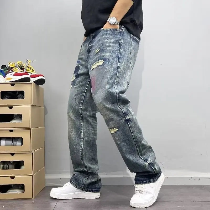Korean Retro Ripped Jeans Embroidered Slim Fit Men'S Straight Leg
