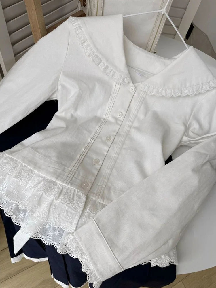 Slim Women Sweet White Shirt Spring Back Lace Up Cute Long Sleeve