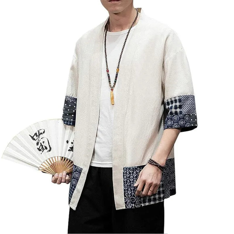 Men's Japanese Kimono Cardigan Loose Cotton Linen 3/4 Sleeve Open
