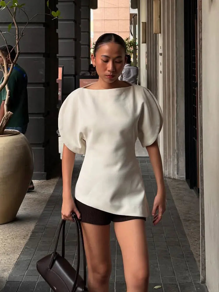 HH Women Casual Loose T-Shirts Asymmetrical Hem Blouse Short Puff