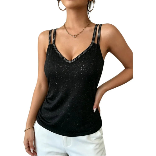Womens Cami Top Dual Strap Glitter Vneck Cami Tee Rhinestone Tank Top