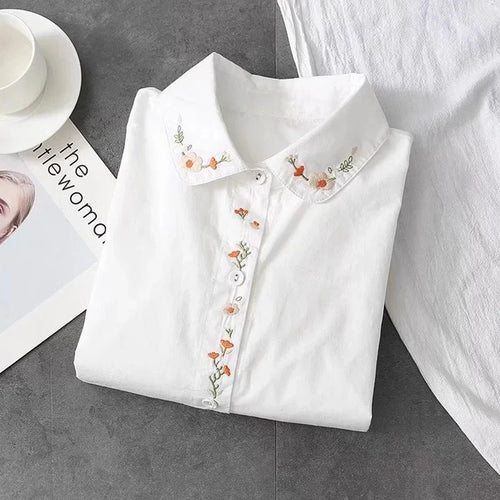 New Pure Cotton White Shirts Women Turn Down Collar Embroidered Long