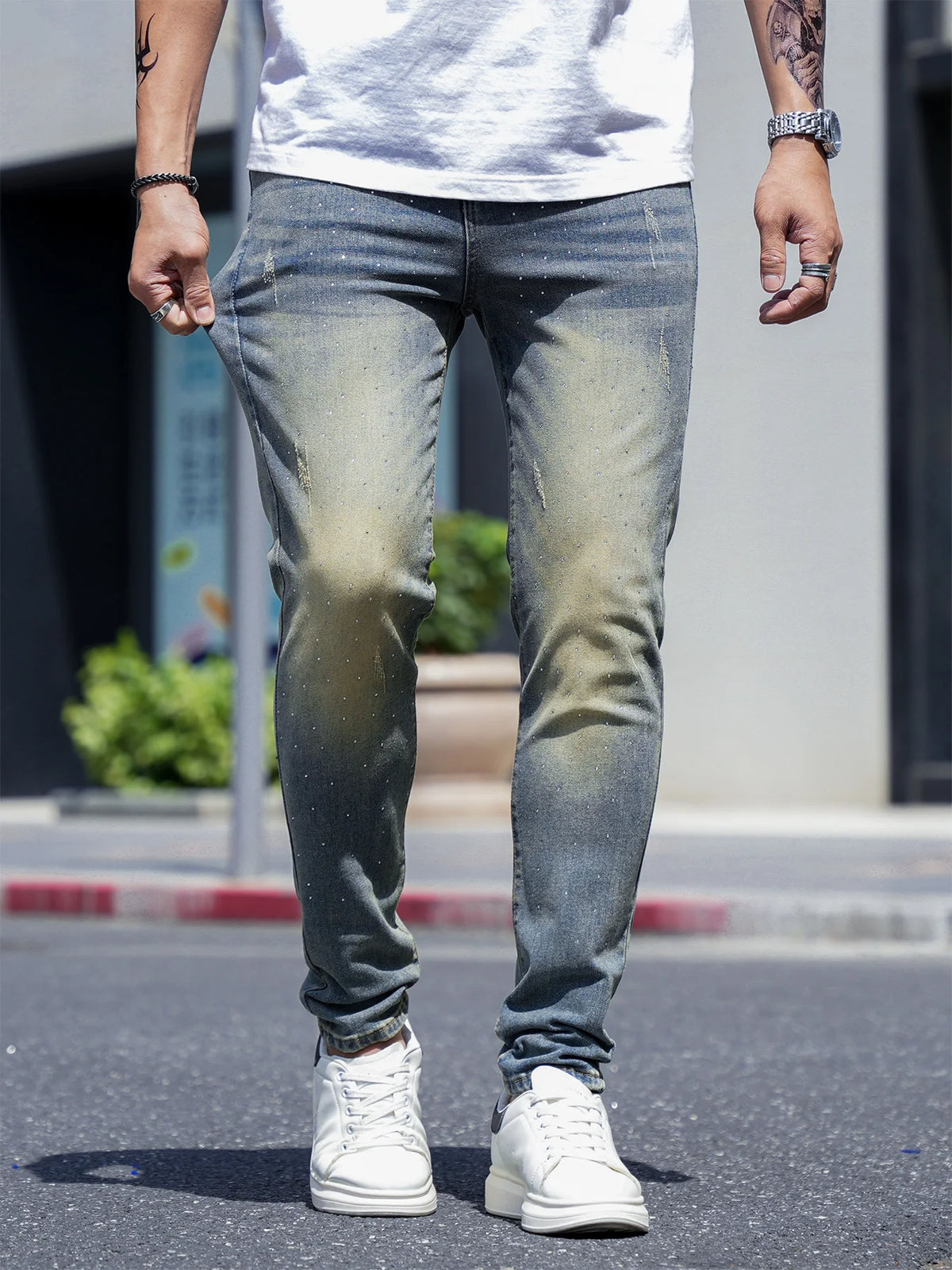 Men Pants Jeans Clothing Denim Trousers Spring Summer Rhinestone