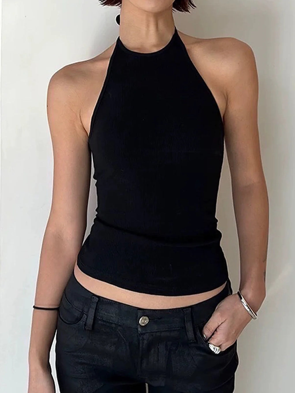 Dulzura Women'S Solid Sexy Backless Lace Up Slim Halter Tank Top