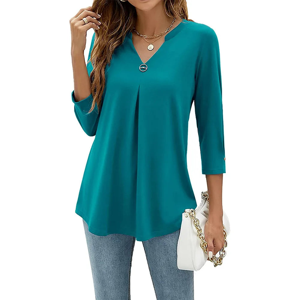 2024 Spring Autumn Women T-shirt V Neck 3/4 Sleeve Pin Decor Pleated