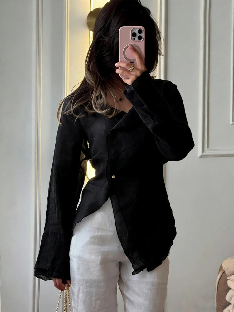 Casual Solid Linen-cotton Shirt Women Chic V-neck Single Breasted