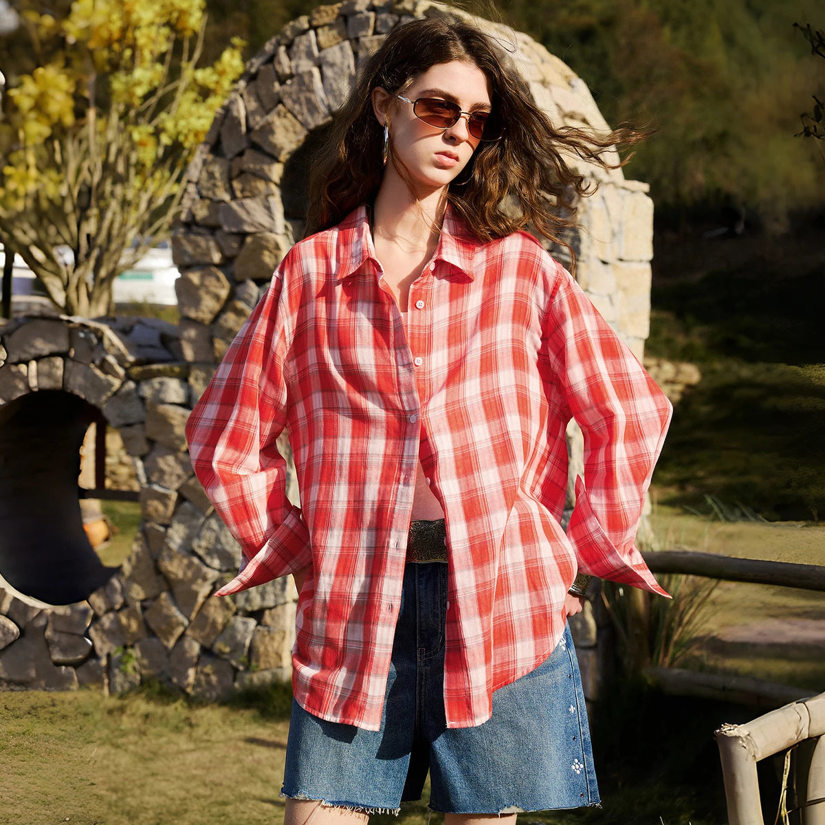 TOYOUTH Women Cotton Shirts 2026 Spring New Retro Plaid Hong Kong