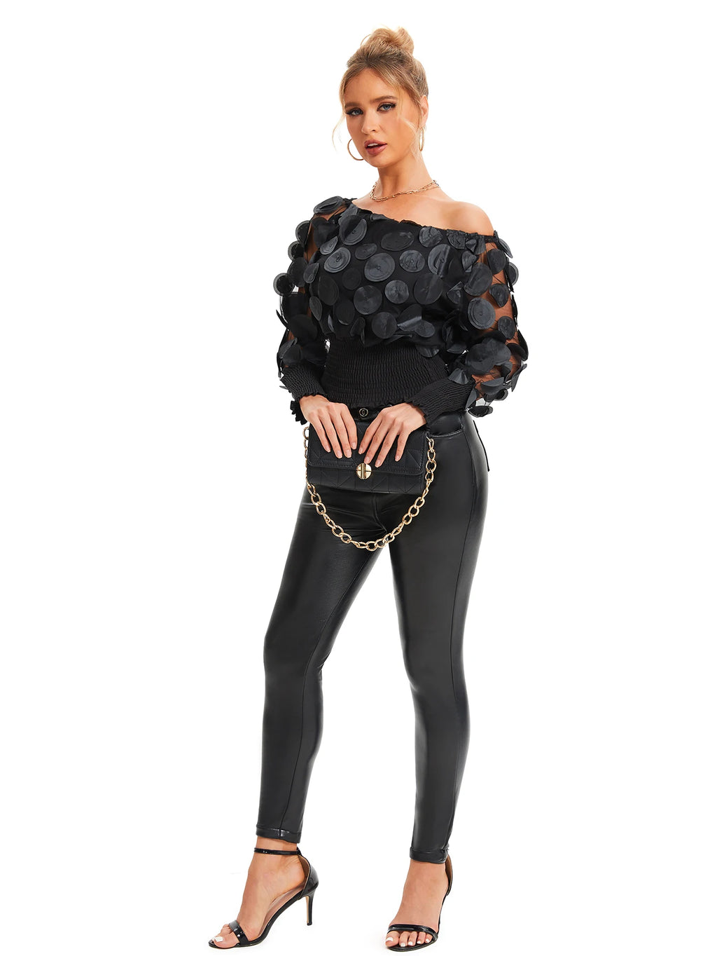 Applique Slant Shoulder Blouse, Elegant Long Sleeve Blouse For Spring