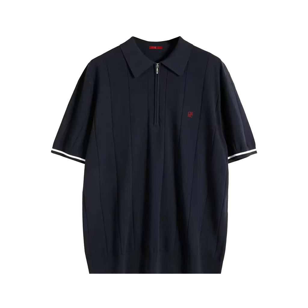 CH Men's Knitted Polo Shirt Half Zipper Lapel Short Sleeve Solid Color