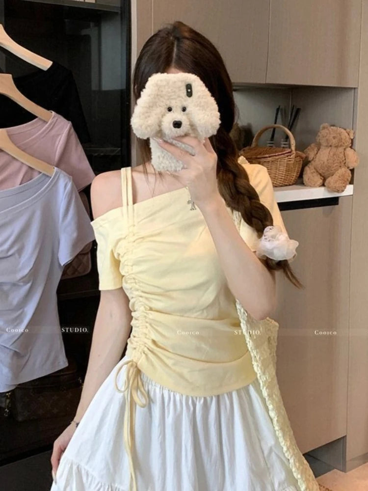 Sweet One Shoulder Drawstring Short Sleeve T Shirt Women Summer Off