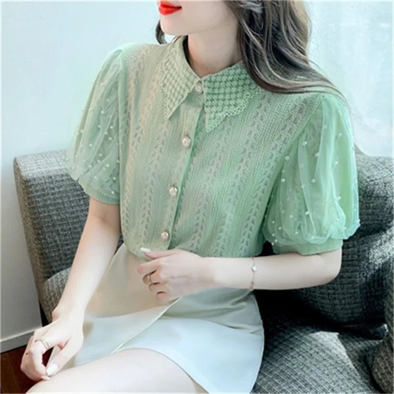 Women Spring Summer Style Lace Blouses Shirts Lady Casual Short Puff